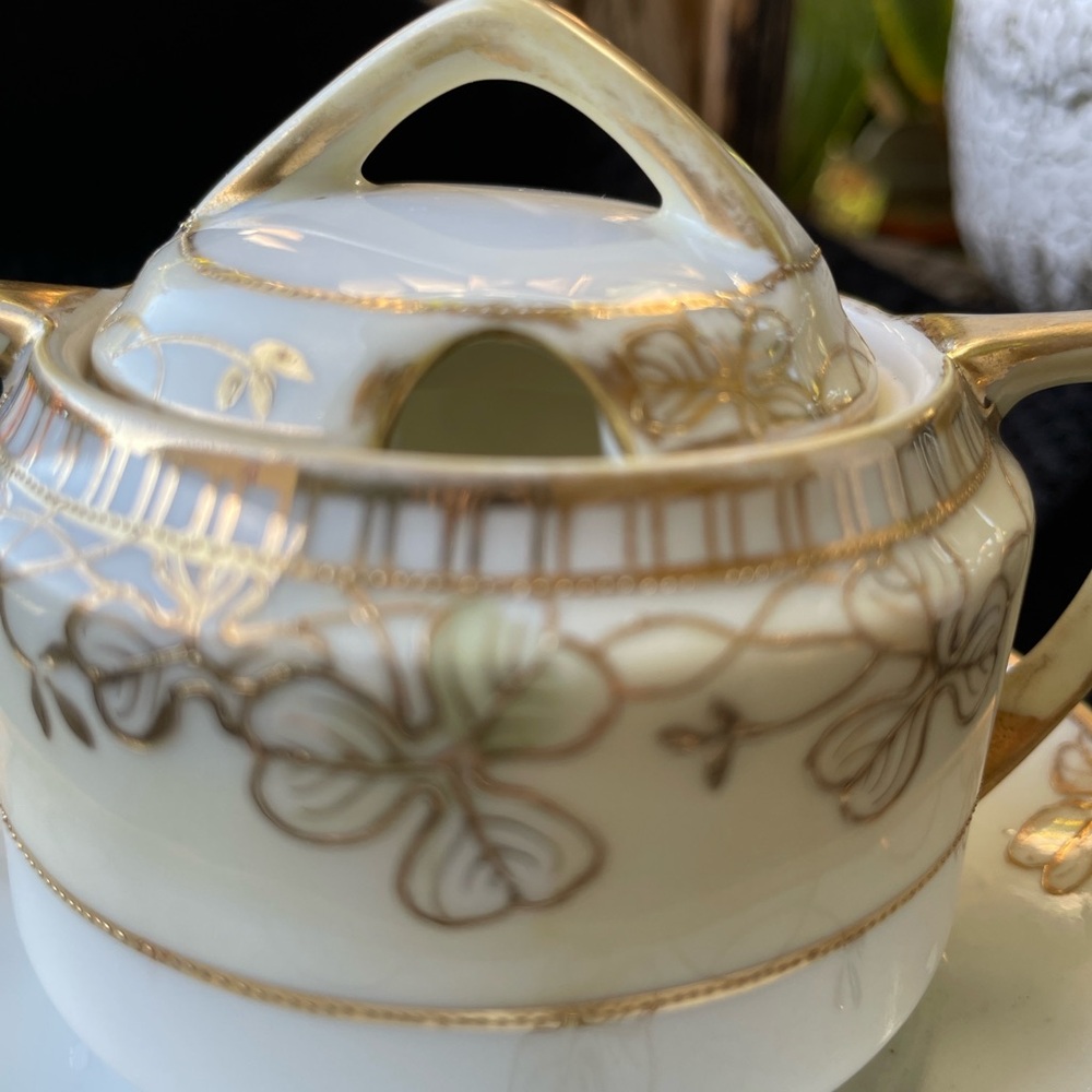 Nippon Mustard Pot Condiment Saucer with Lid Floral Gold Antique Hand Painted